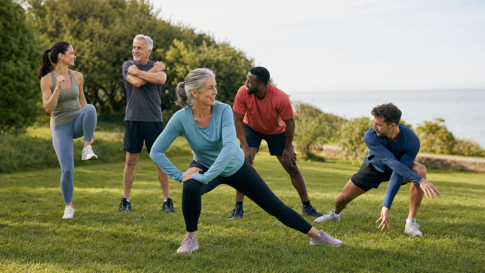A mixed age group enjoying an accessible outdoor movement session