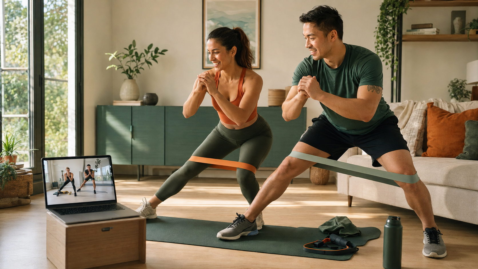 Young adults following an online personal training session at home